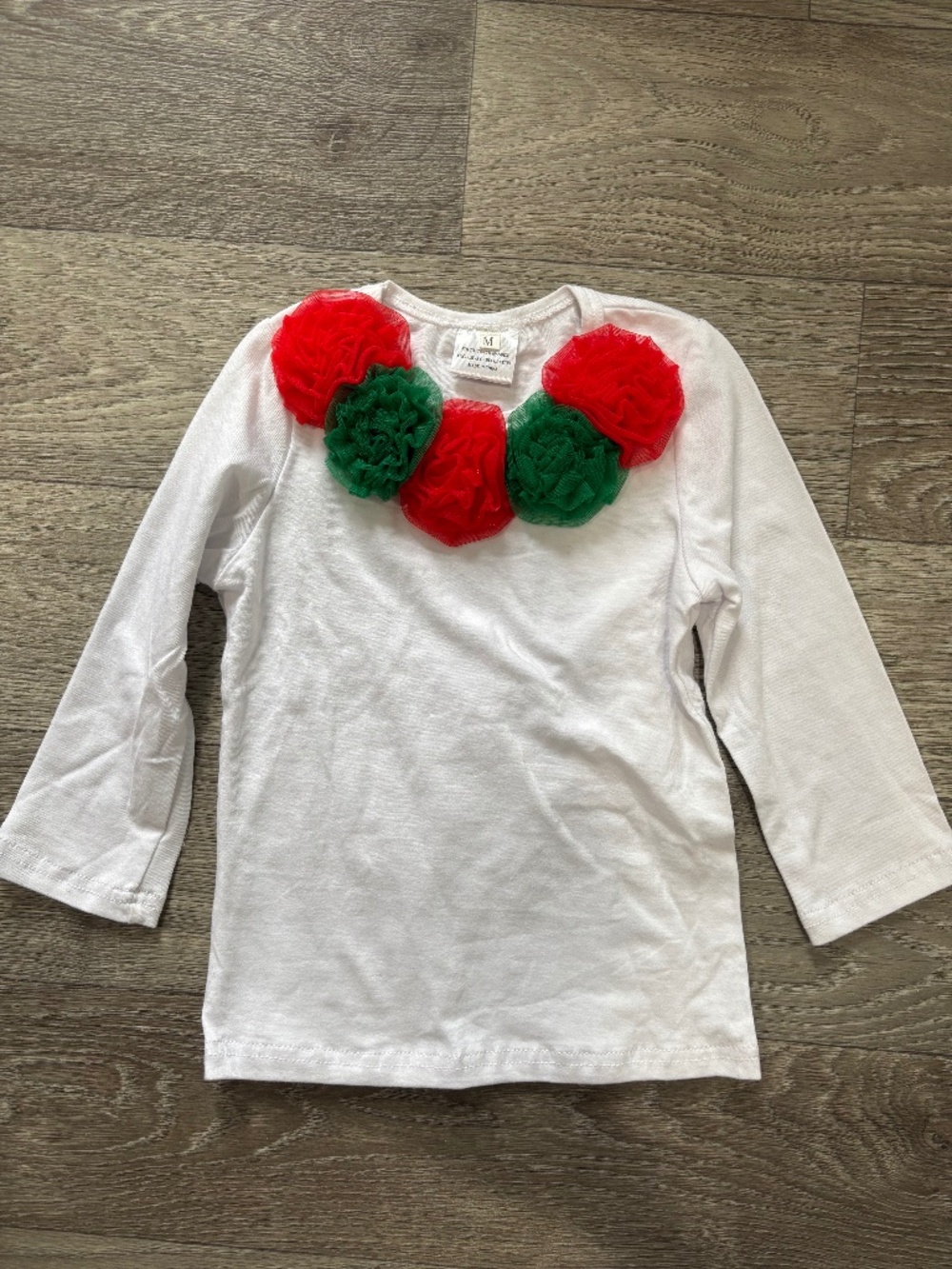 Baby Girl's White longsleeve tshirt with Red Green ruffle Christmas, M 2-3t